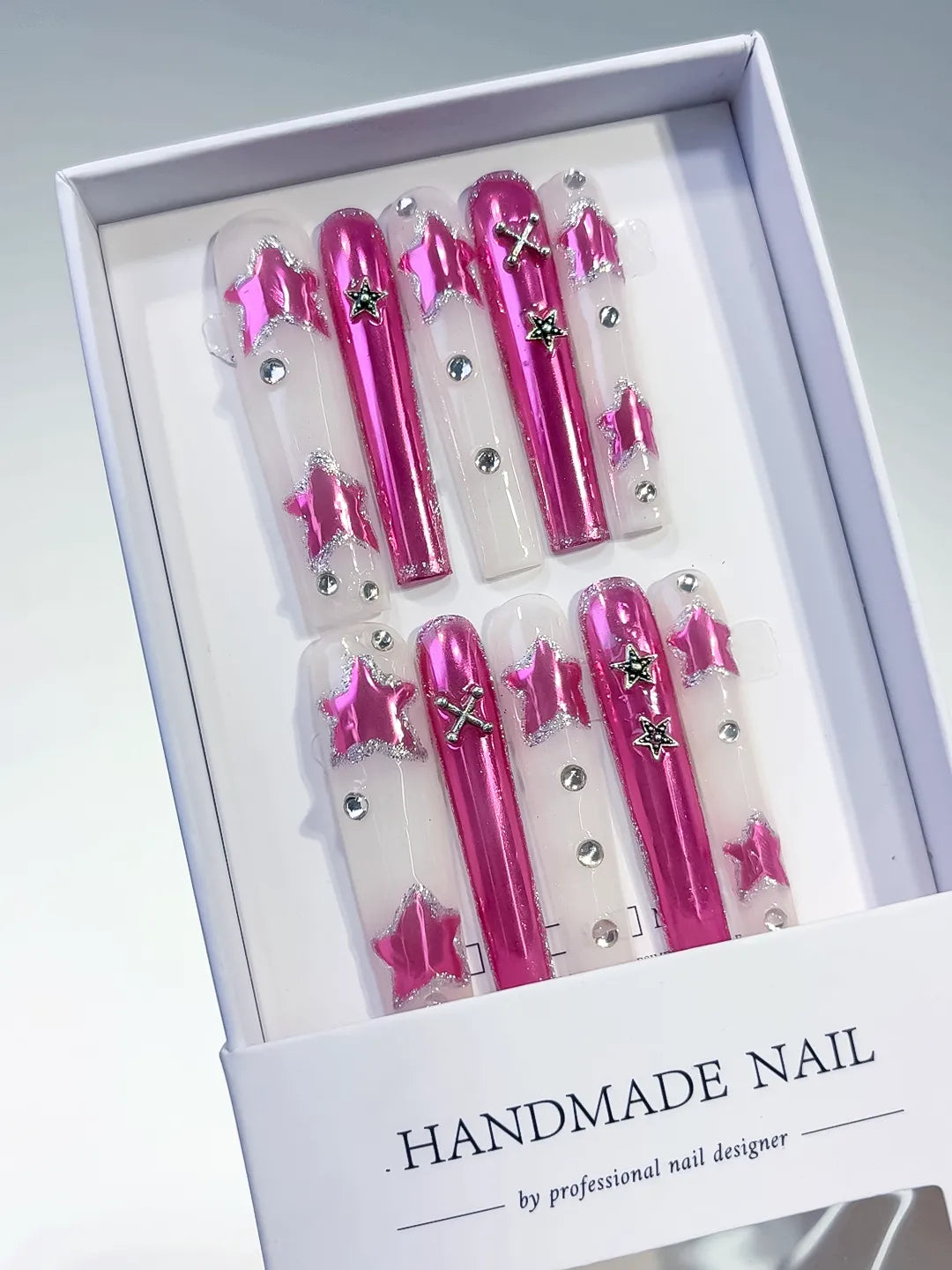 L054 - Long Pink White Square Metallic Star Rhinestone