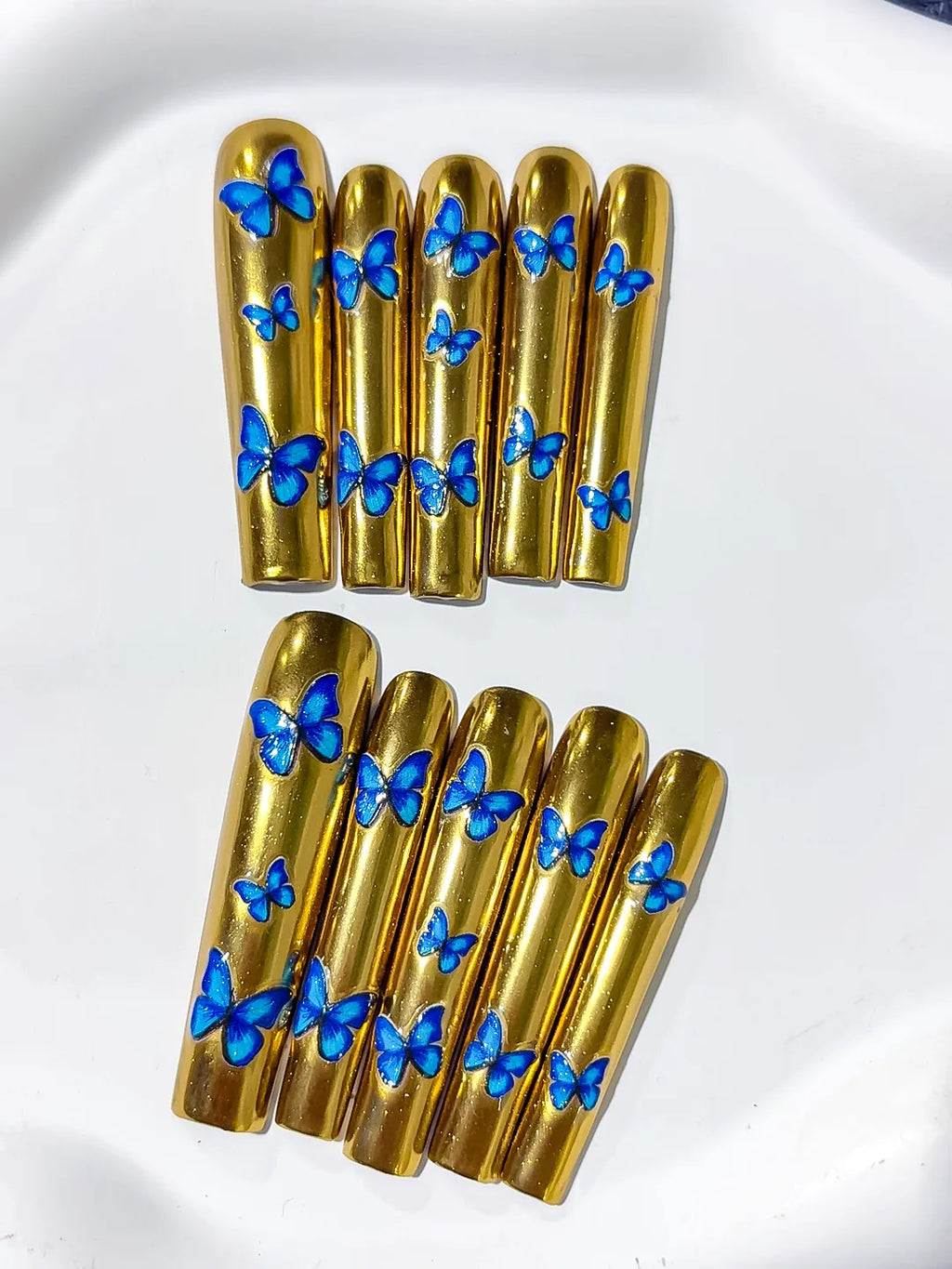 L056 - Long Gold Blue Square Metallic Butterfly