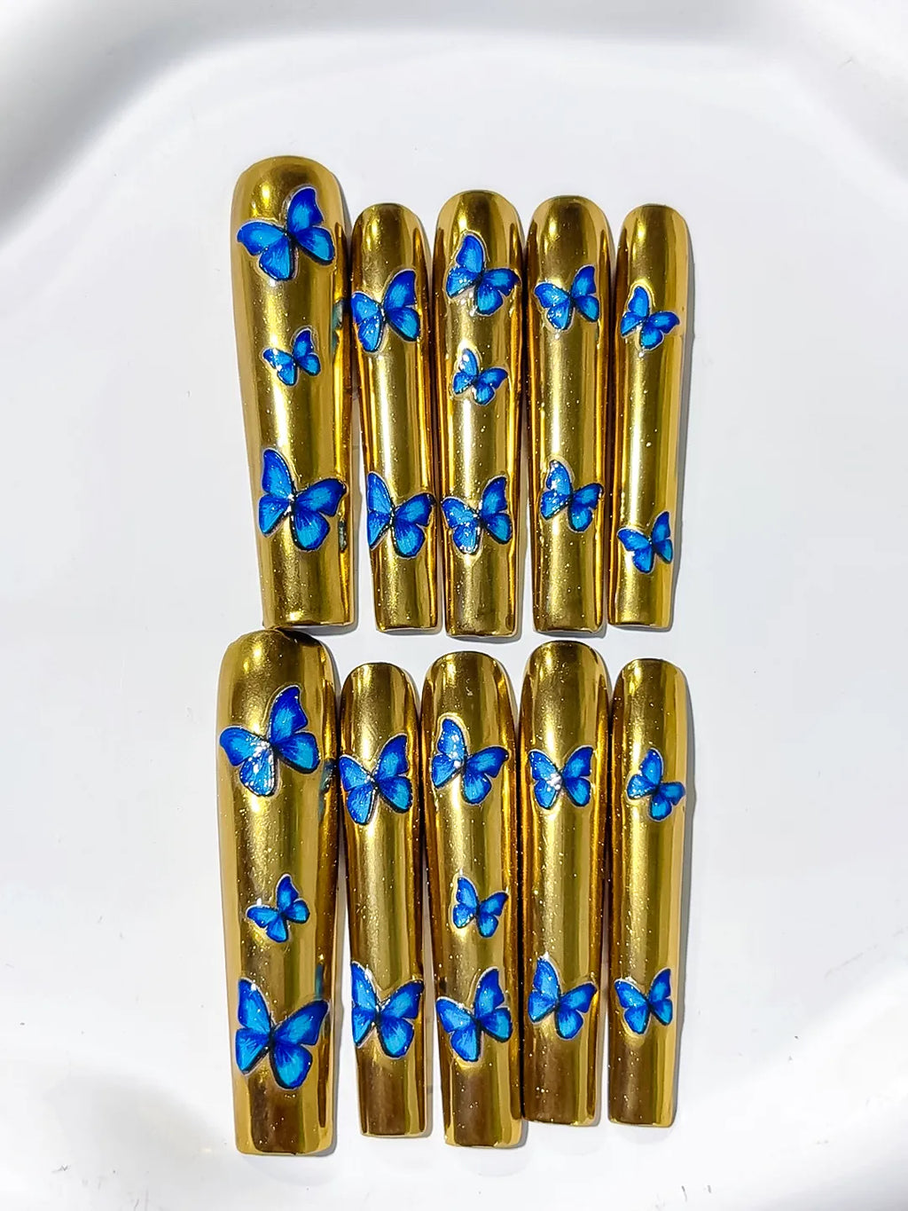 L056 - Long Gold Blue Square Metallic Butterfly