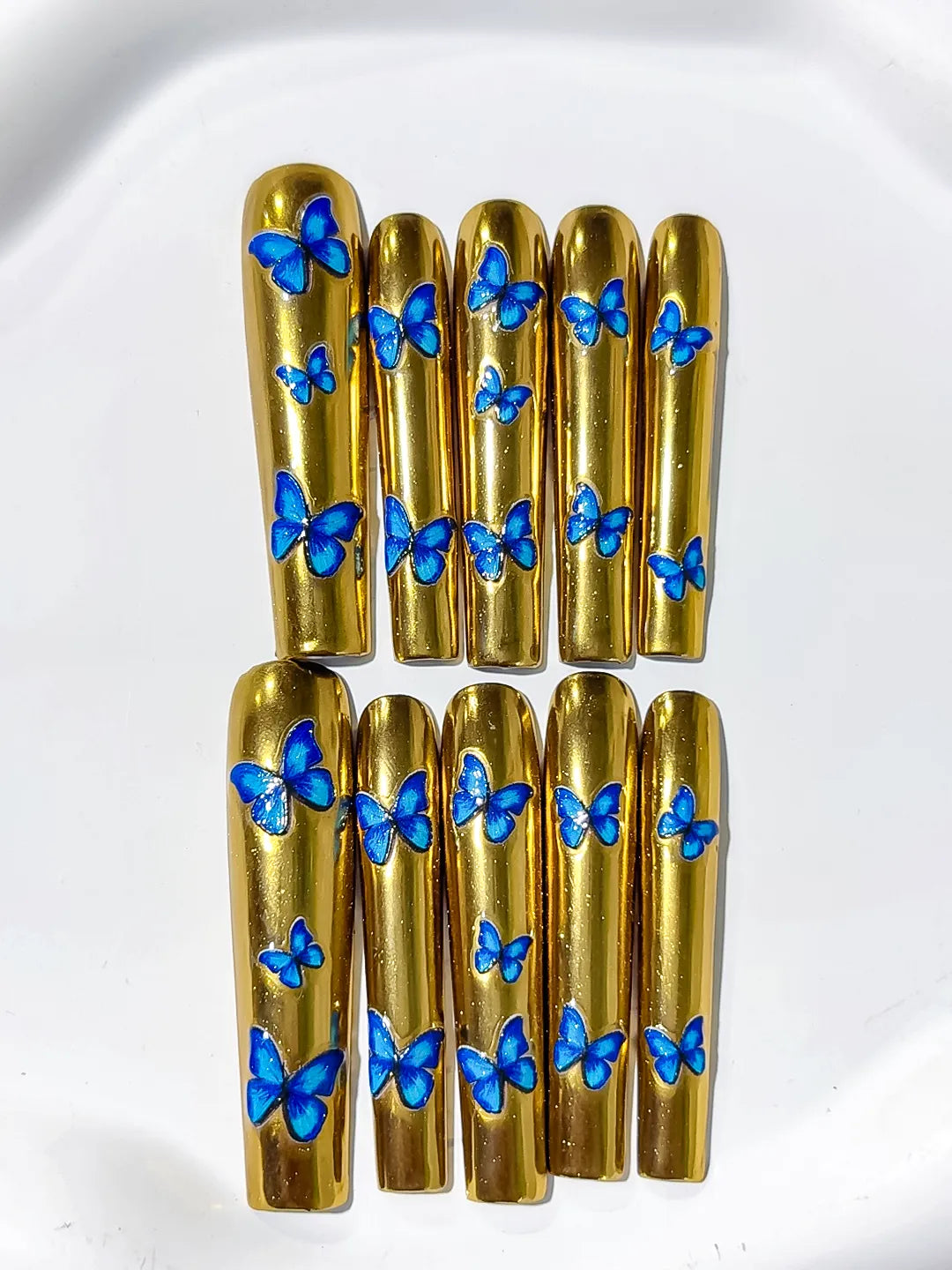 L056 - Long Gold Blue Square Metallic Butterfly