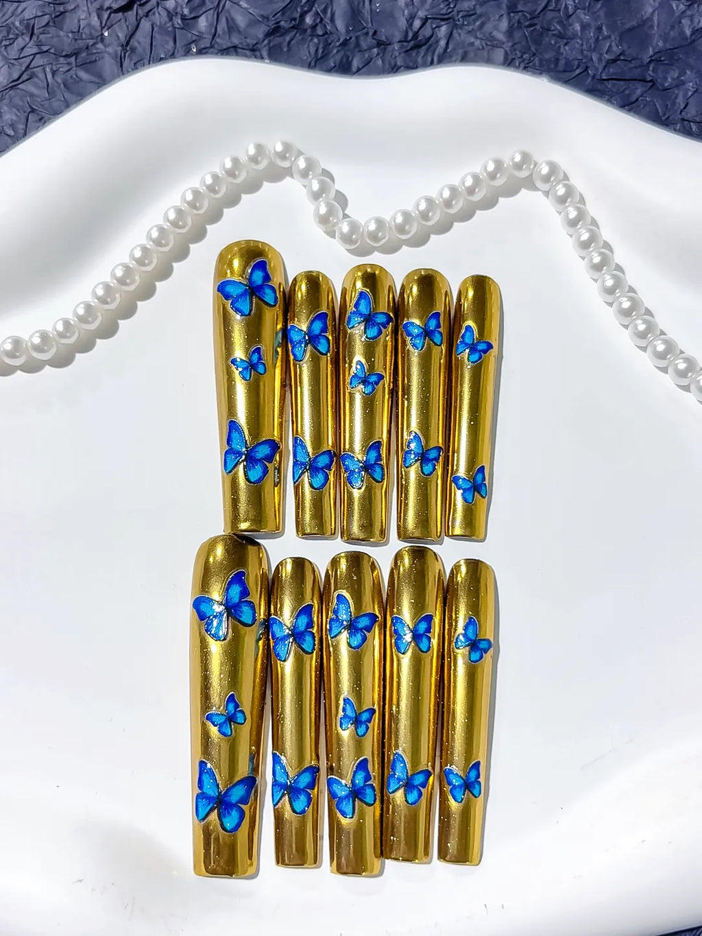 L056 - Long Gold Blue Square Metallic Butterfly