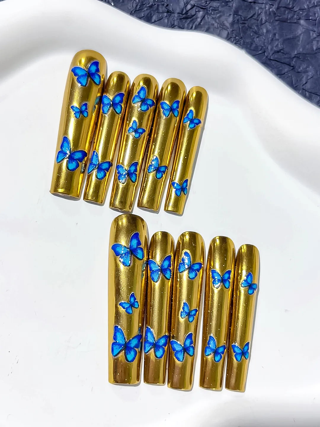 L056 - Long Gold Blue Square Metallic Butterfly