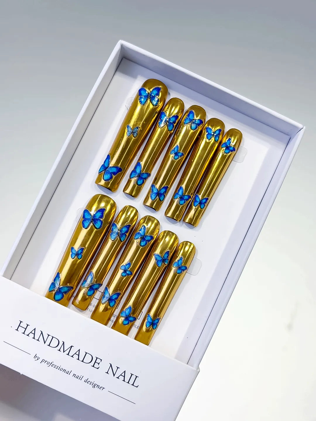 L056 - Long Gold Blue Square Metallic Butterfly