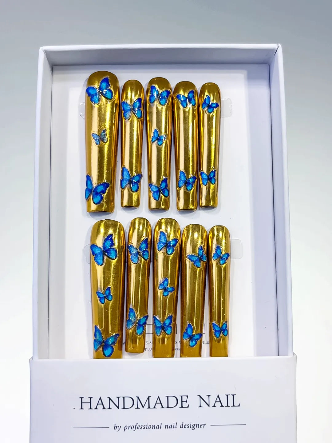 L056 - Long Gold Blue Square Metallic Butterfly