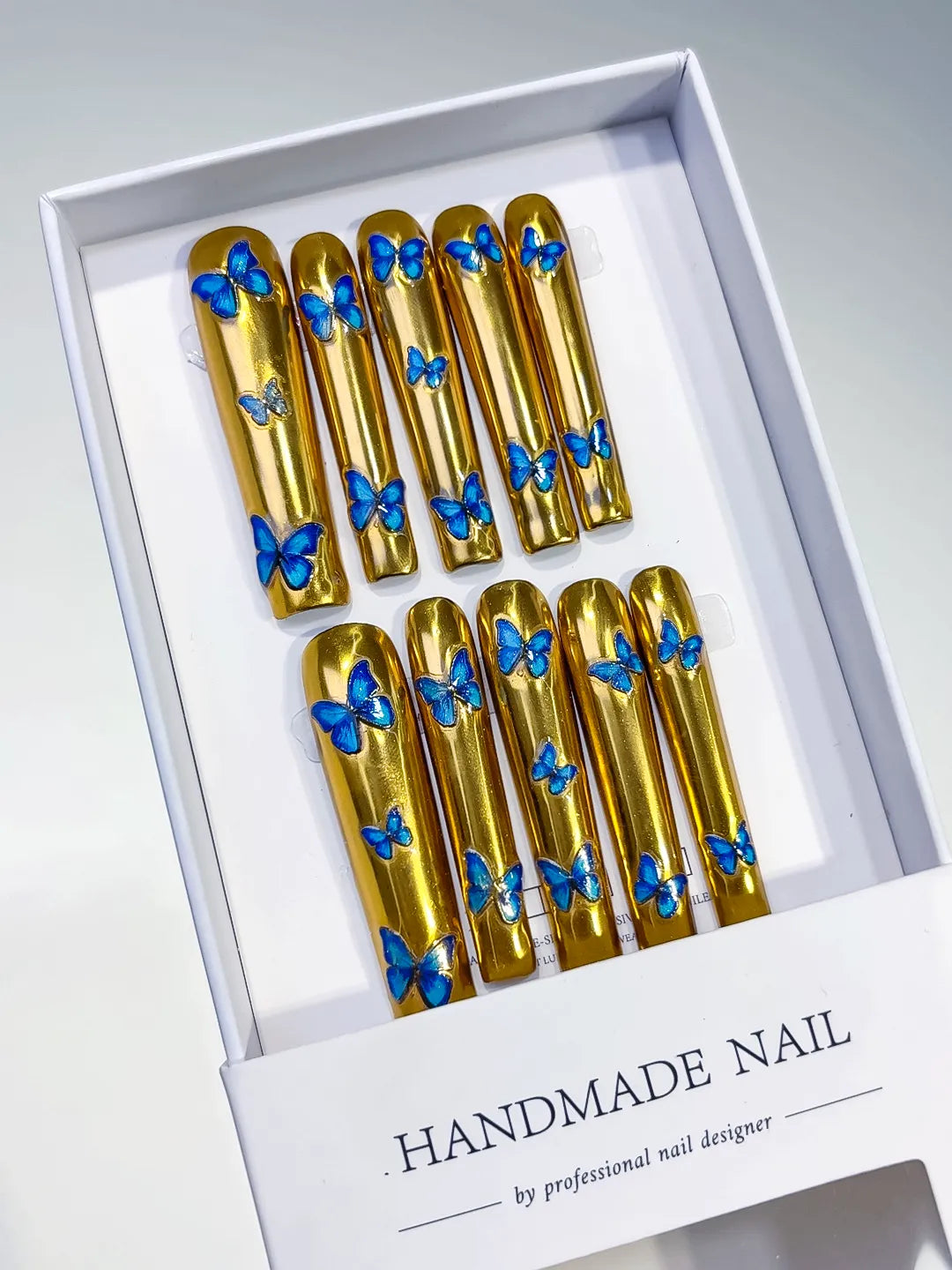 L056 - Long Gold Blue Square Metallic Butterfly