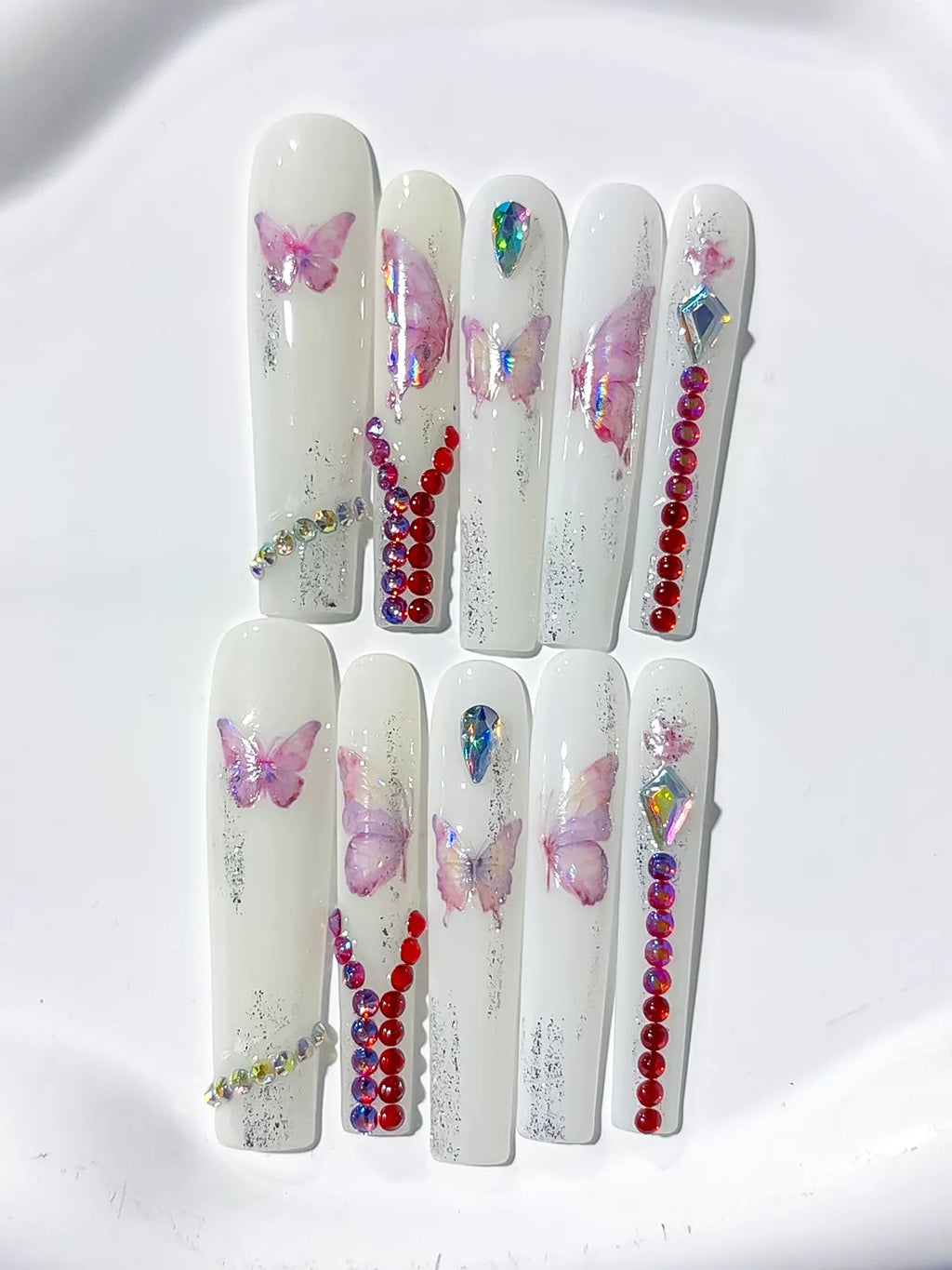 L057 - Long White Pink Square Solid color Butterfly Rhinestone