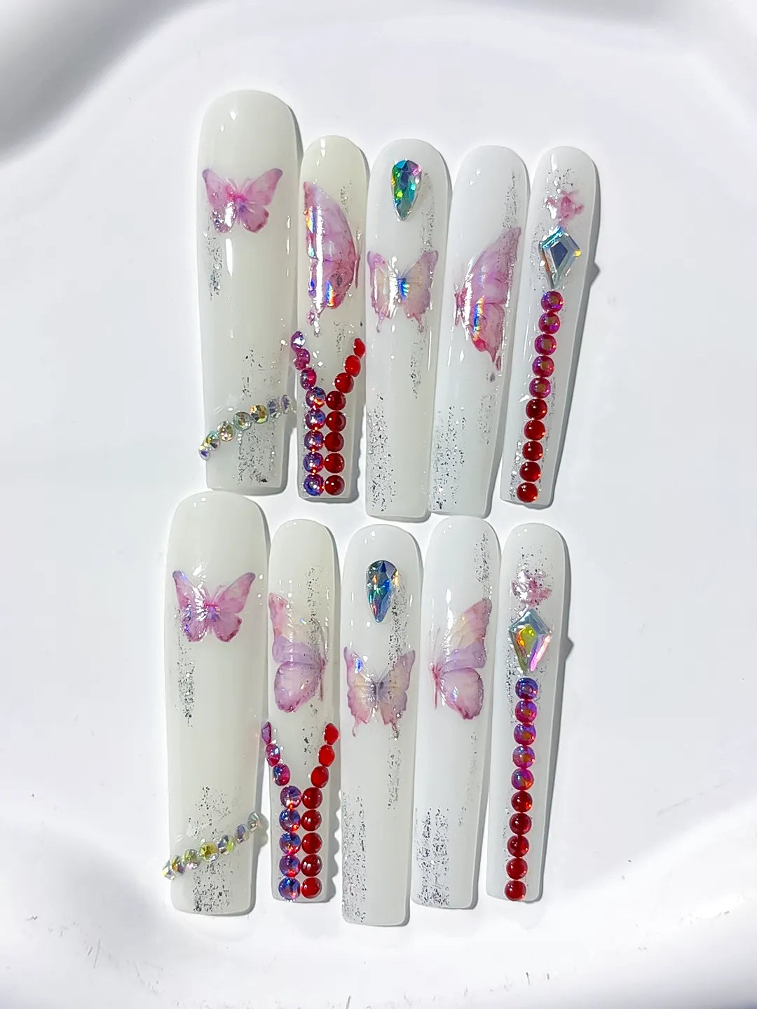 L057 - Long White Pink Square Solid color Butterfly Rhinestone
