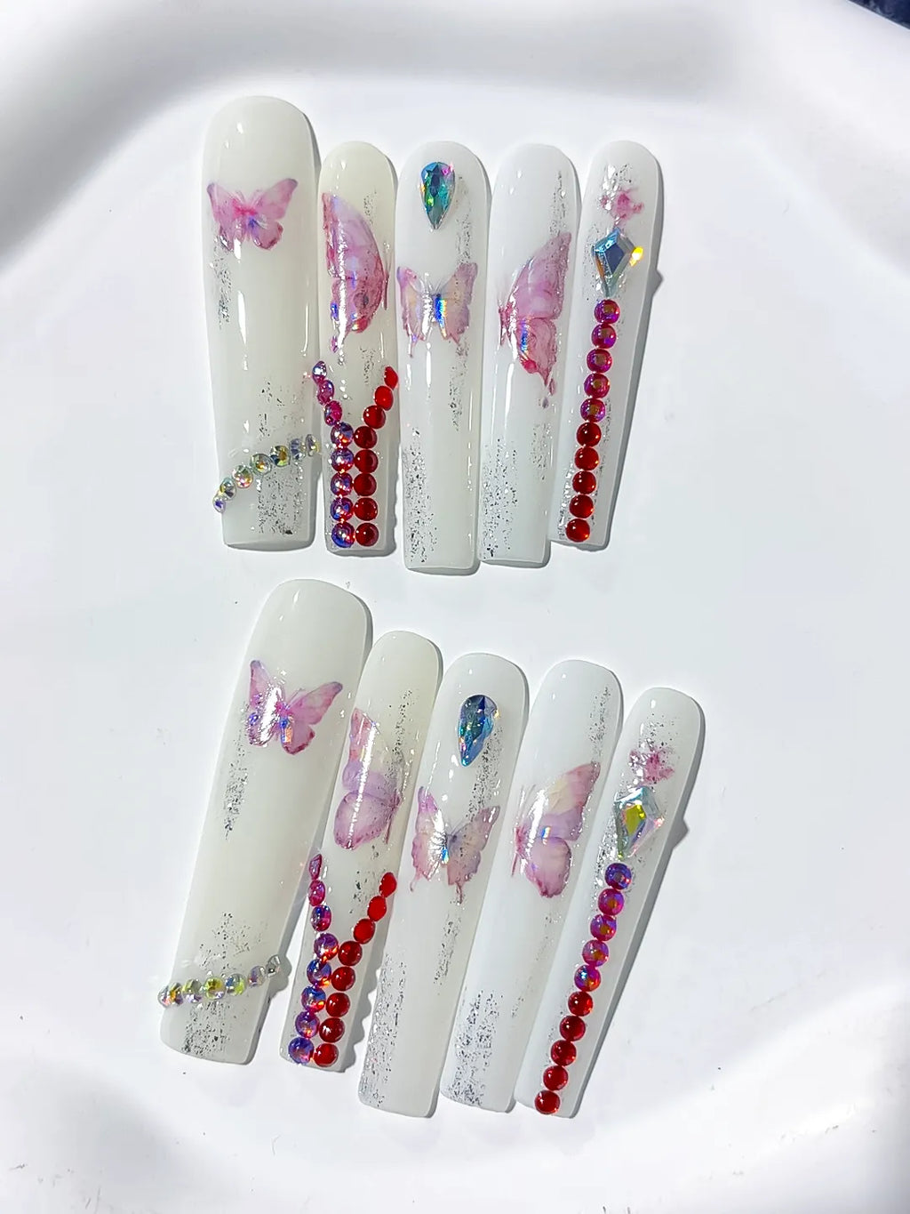 L057 - Long White Pink Square Solid color Butterfly Rhinestone