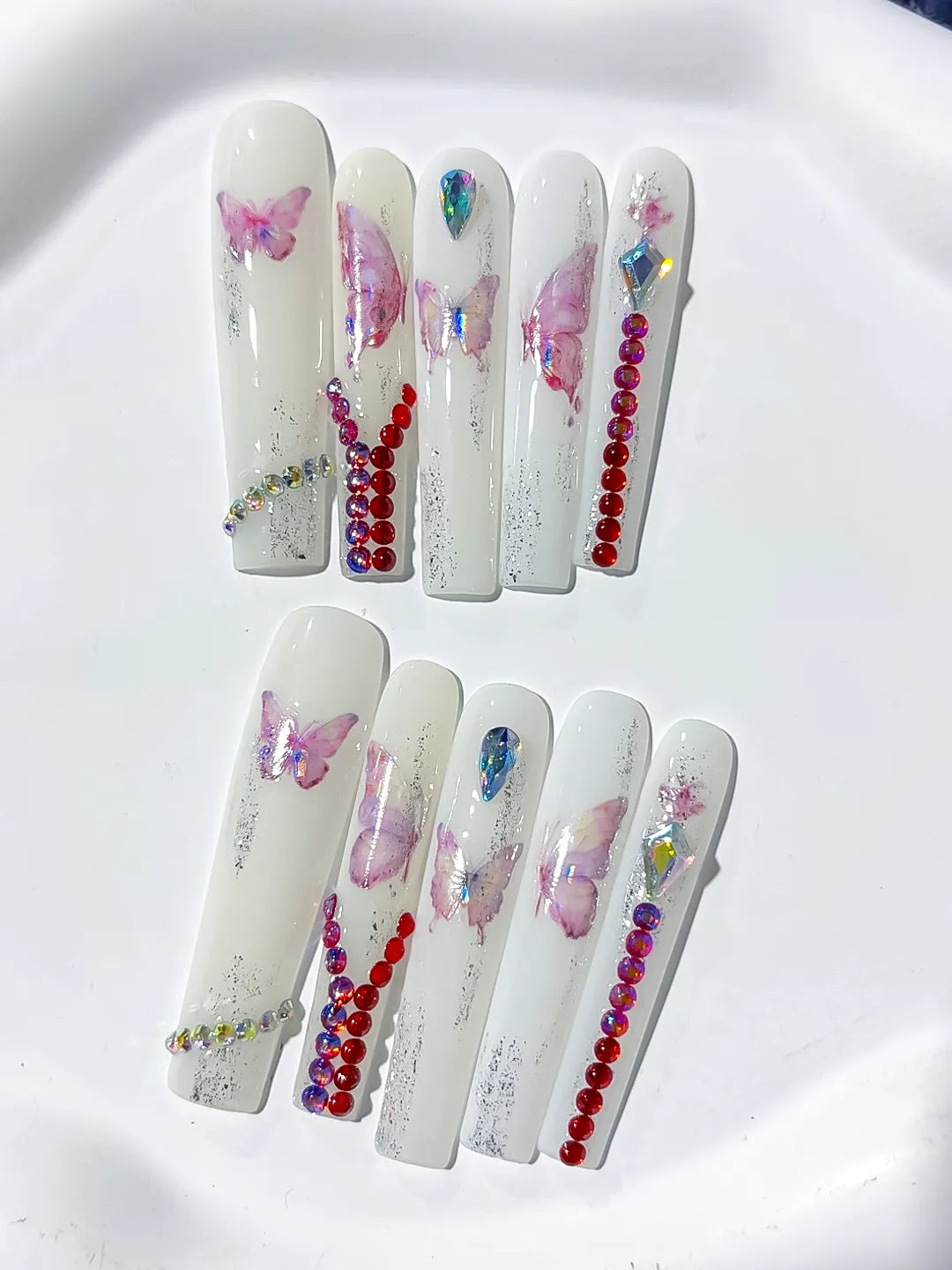 L057 - Long White Pink Square Solid color Butterfly Rhinestone