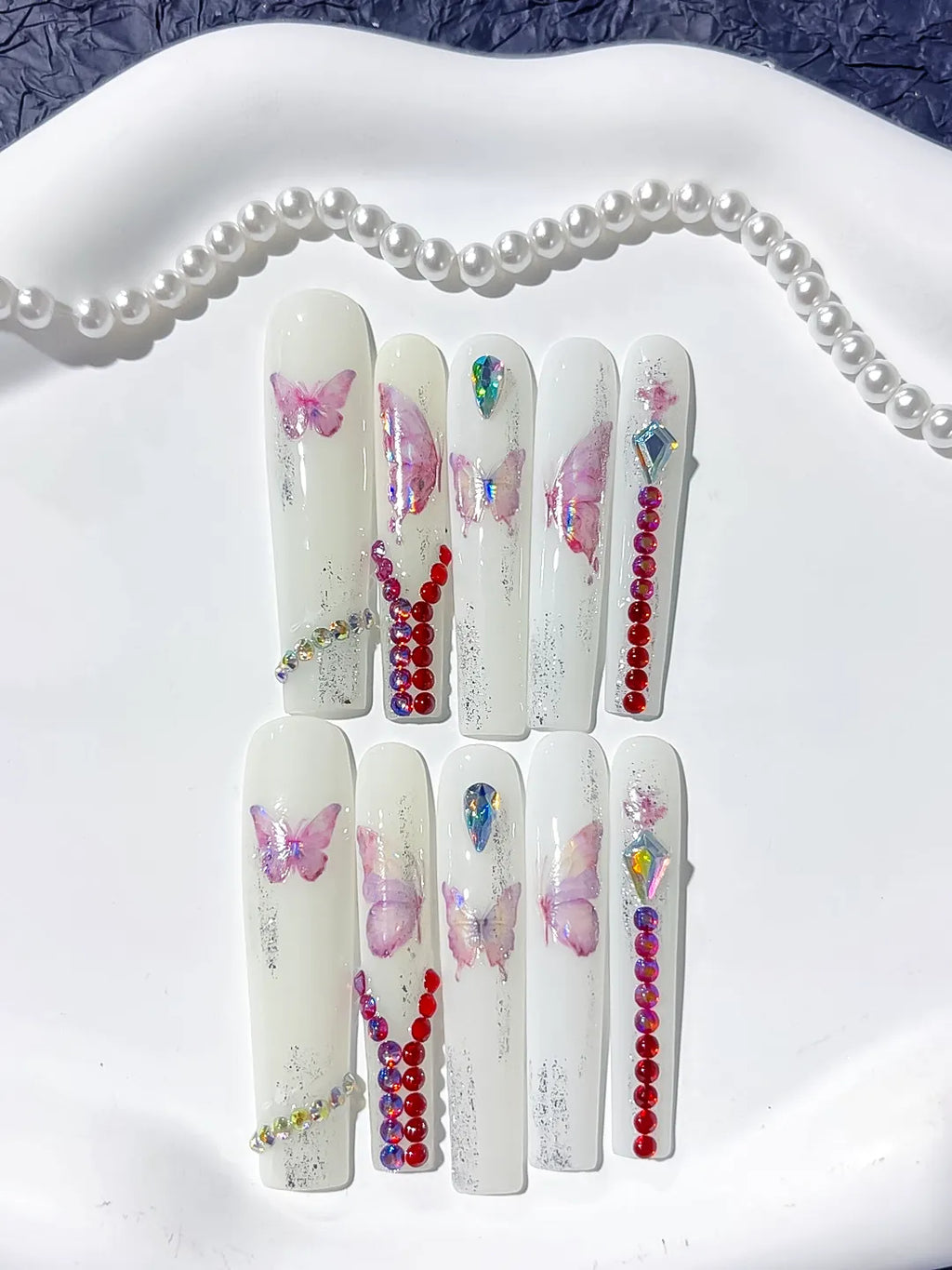 L057 - Long White Pink Square Solid color Butterfly Rhinestone