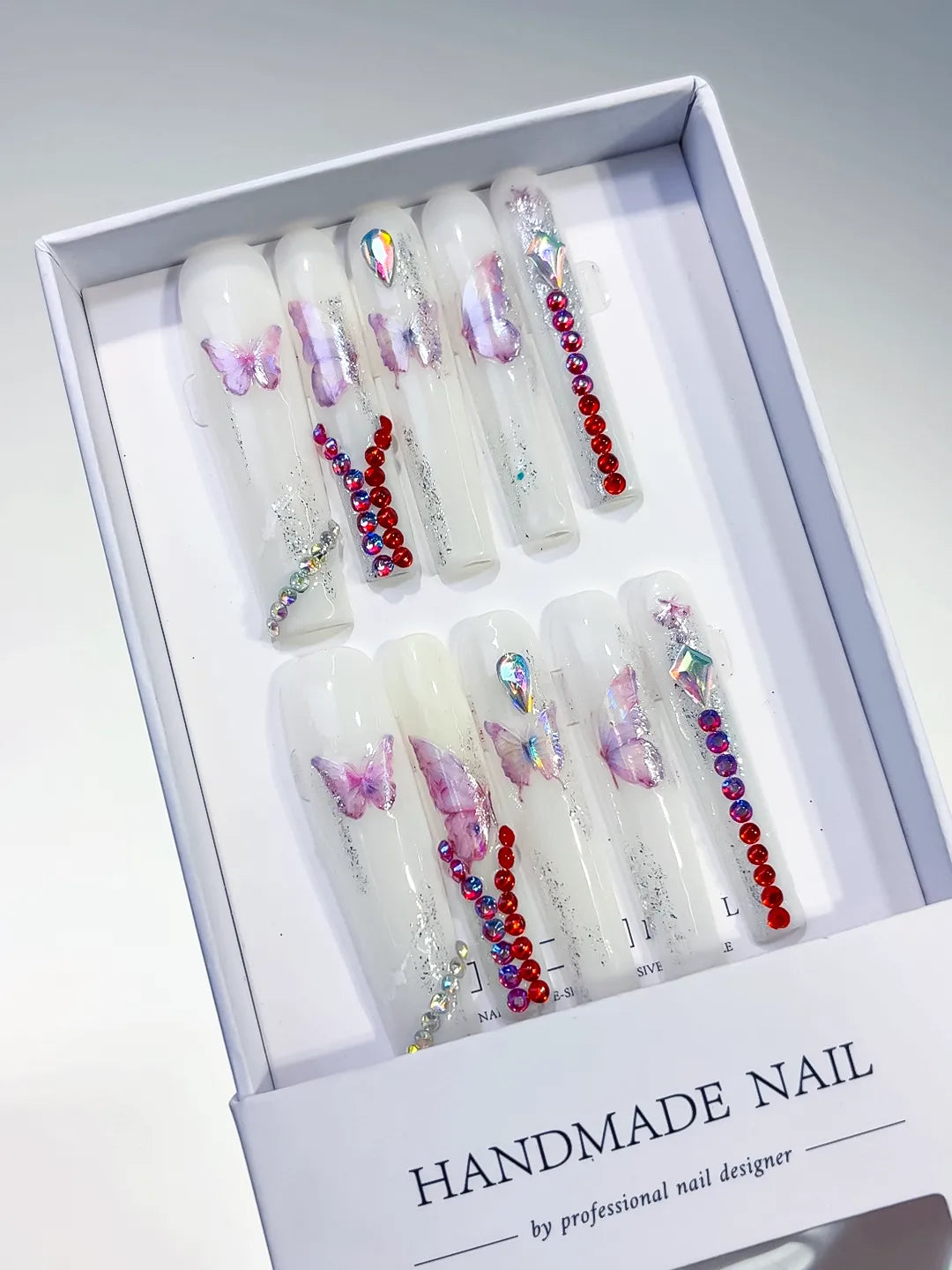 L057 - Long White Pink Square Solid color Butterfly Rhinestone