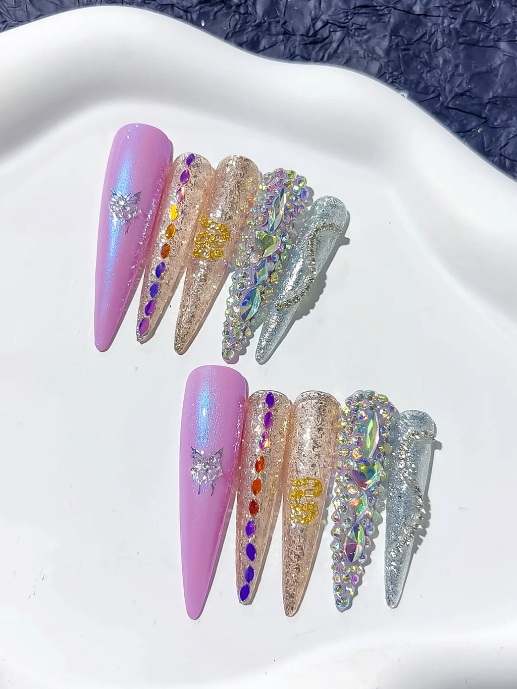 L058 - Long Purple Gold Stiletto Glitter Butterfly Rhinestone