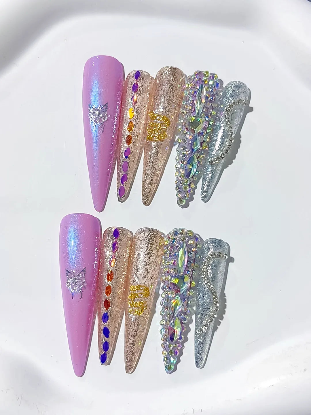 L058 - Long Purple Gold Stiletto Glitter Butterfly Rhinestone