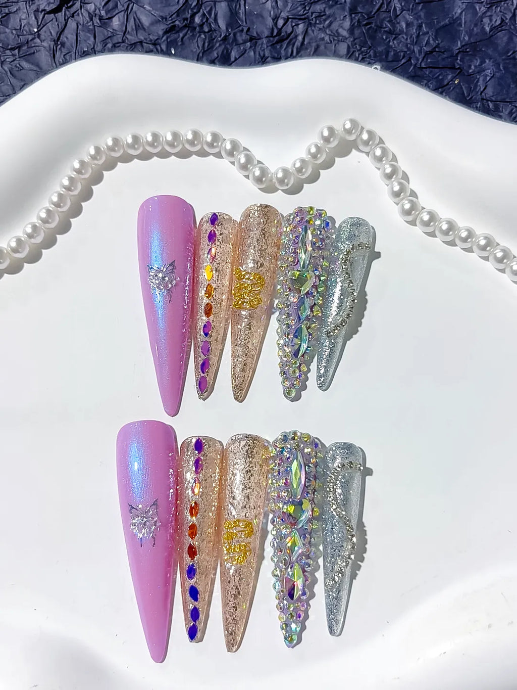 L058 - Long Purple Gold Stiletto Glitter Butterfly Rhinestone