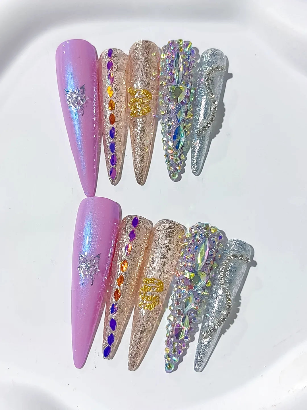 L058 - Long Purple Gold Stiletto Glitter Butterfly Rhinestone