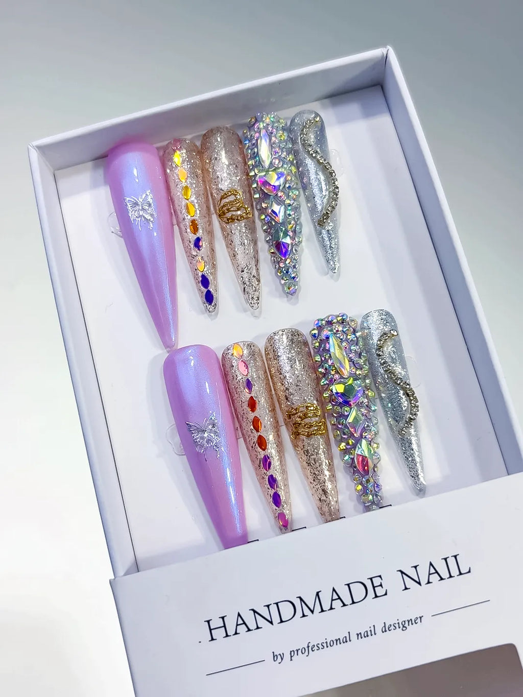 L058 - Long Purple Gold Stiletto Glitter Butterfly Rhinestone