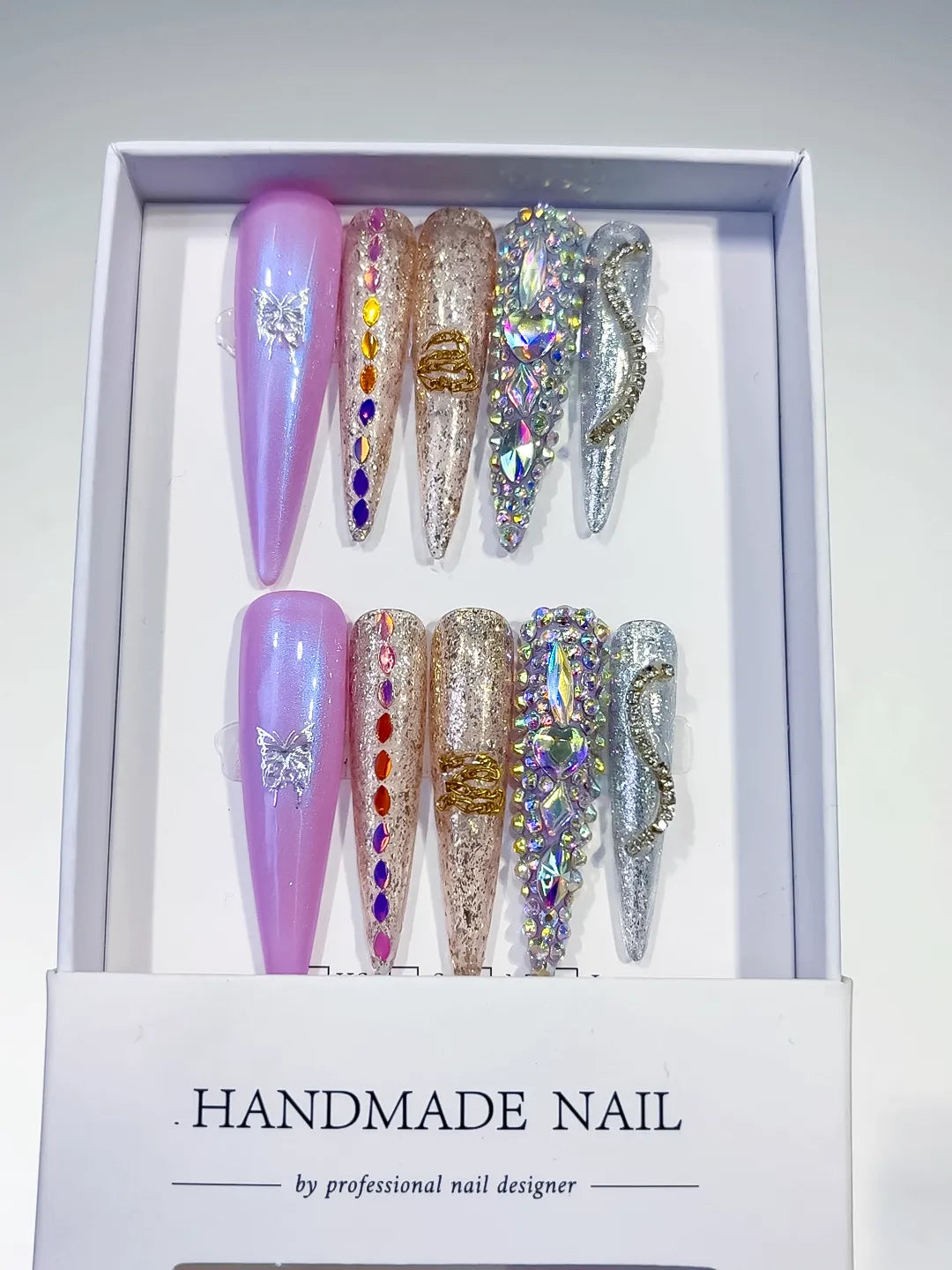 L058 - Long Purple Gold Stiletto Glitter Butterfly Rhinestone