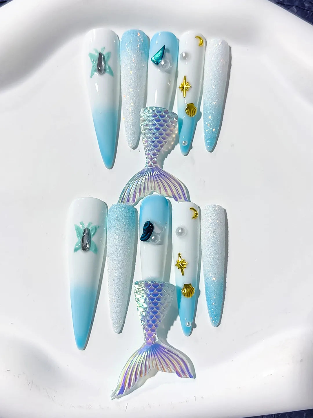 L060 - Long White Blue Stiletto Ombre Mermaid Tail Shell