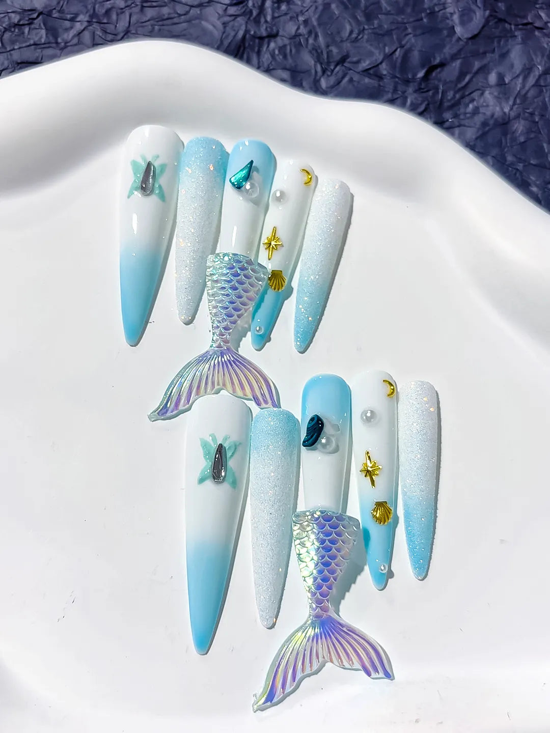 L060 - Long White Blue Stiletto Ombre Mermaid Tail Shell