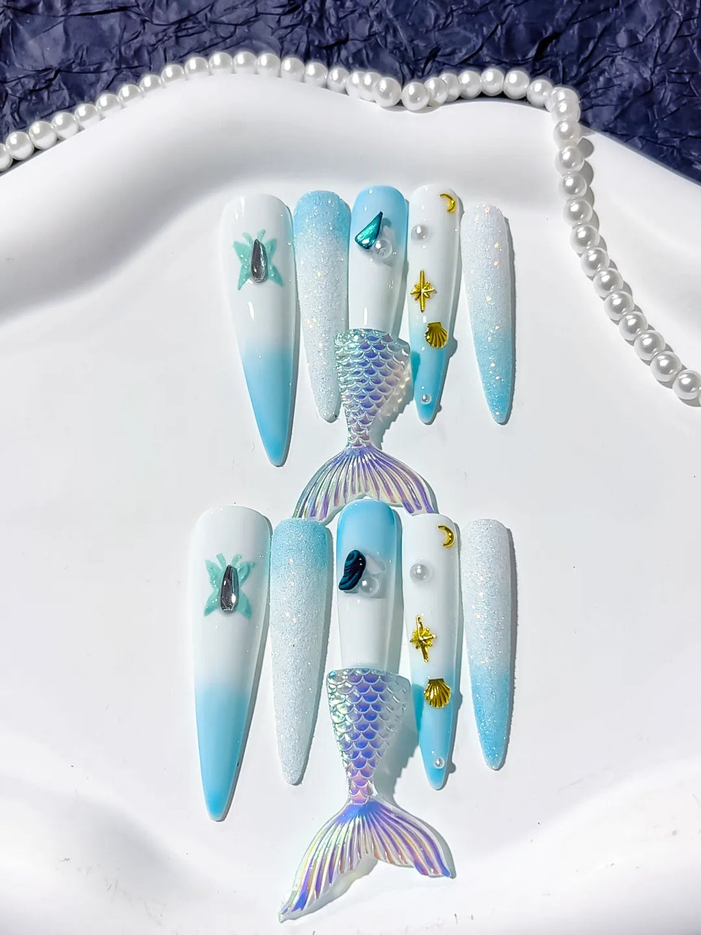 L060 - Long White Blue Stiletto Ombre Mermaid Tail Shell