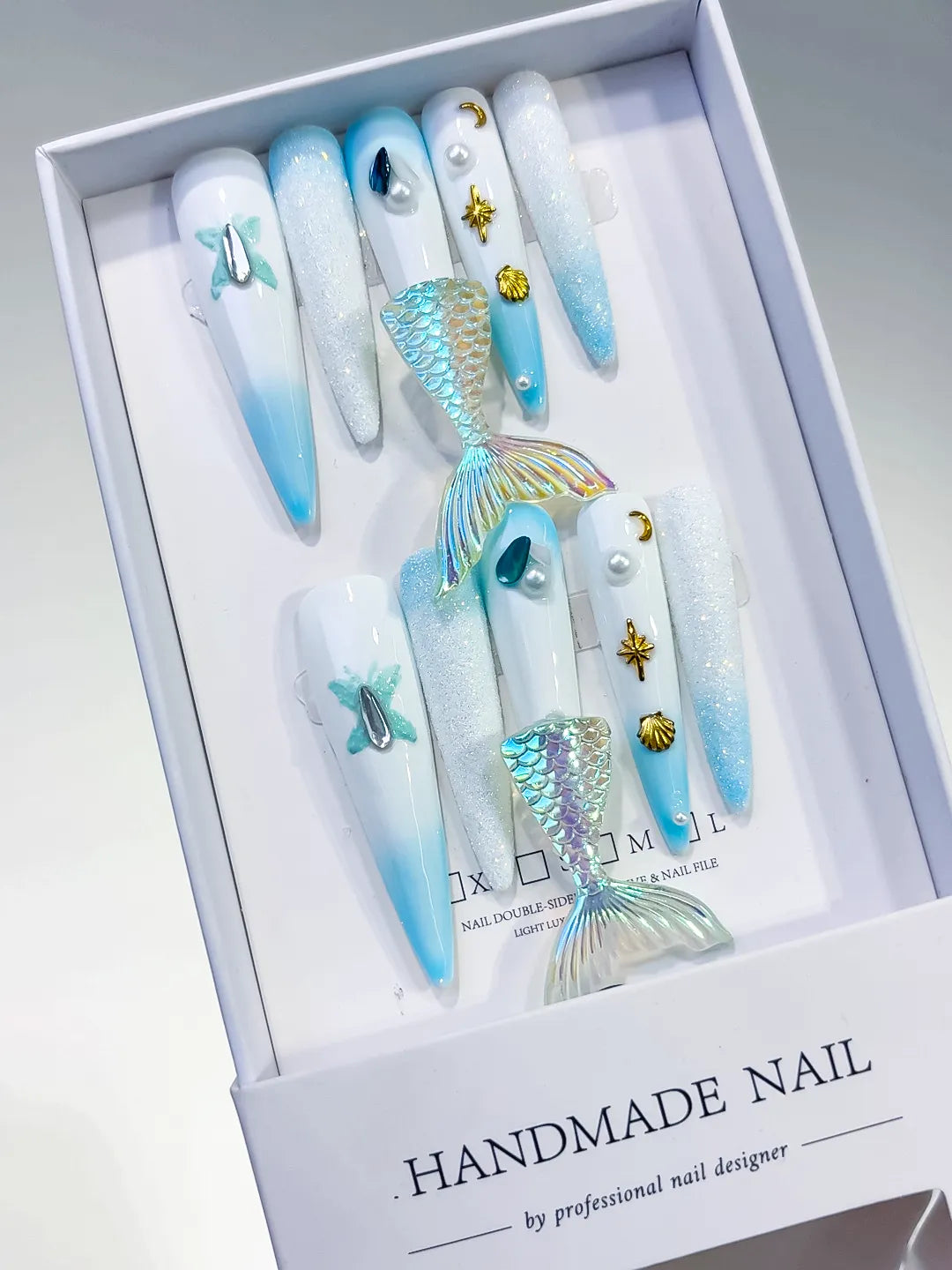 L060 - Long White Blue Stiletto Ombre Mermaid Tail Shell