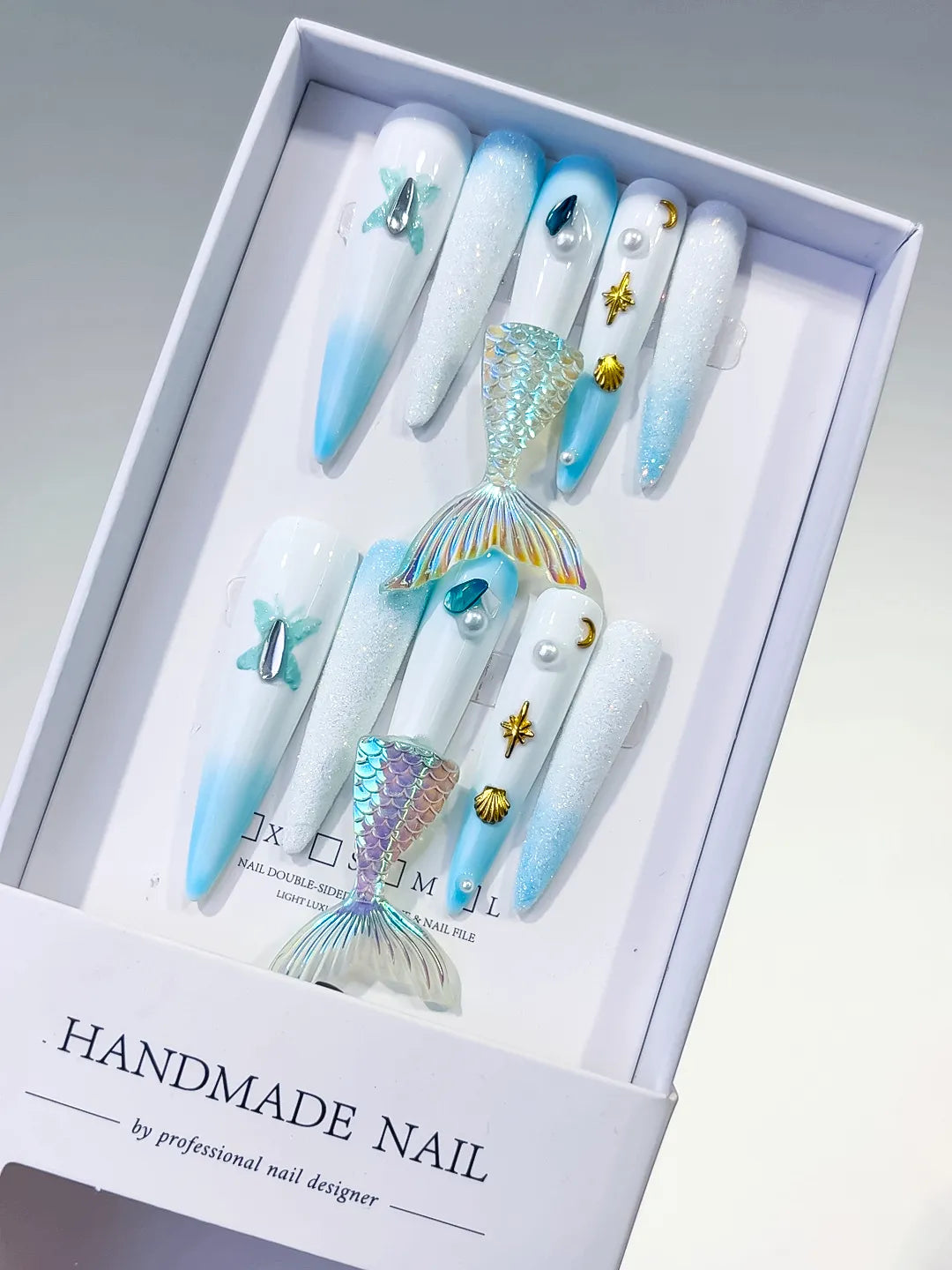 L060 - Long White Blue Stiletto Ombre Mermaid Tail Shell