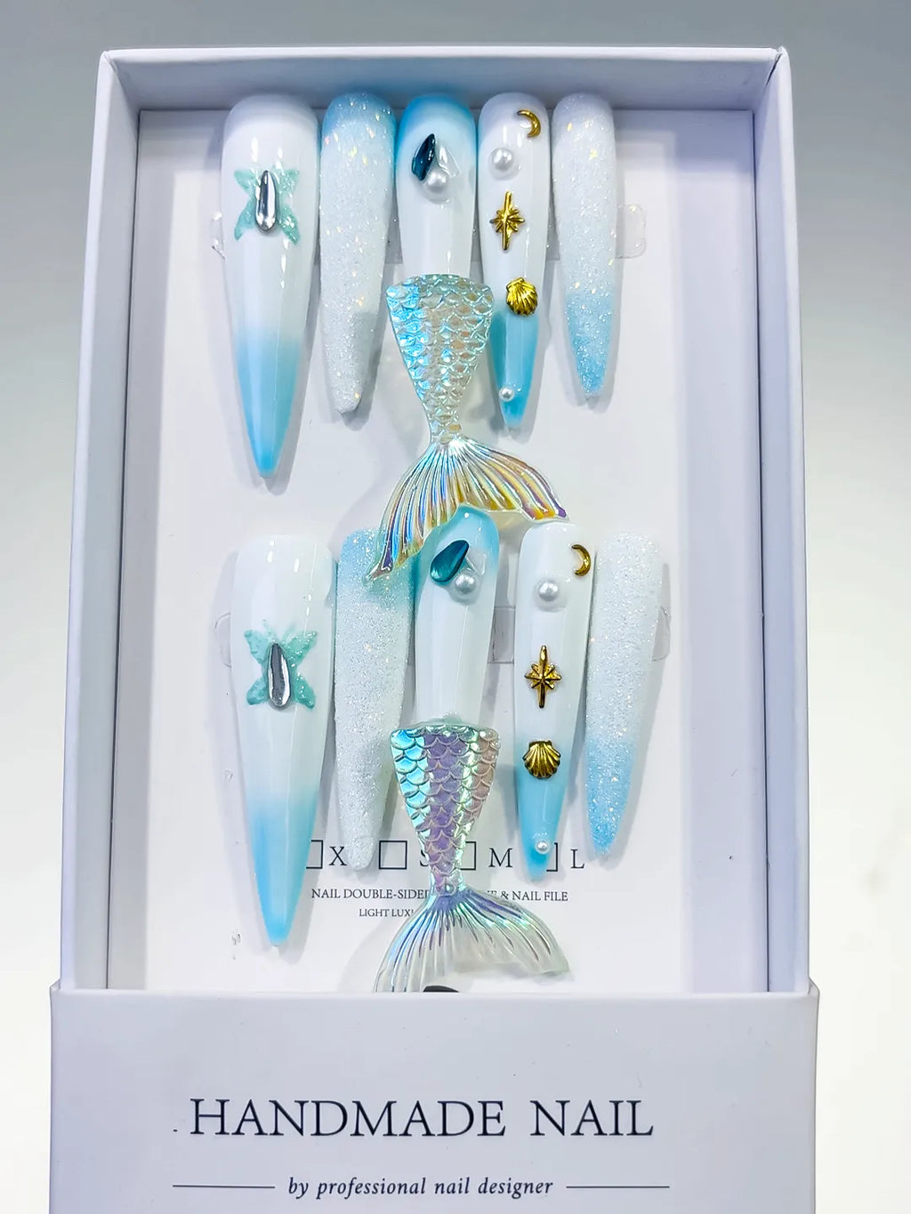 L060 - Long White Blue Stiletto Ombre Mermaid Tail Shell