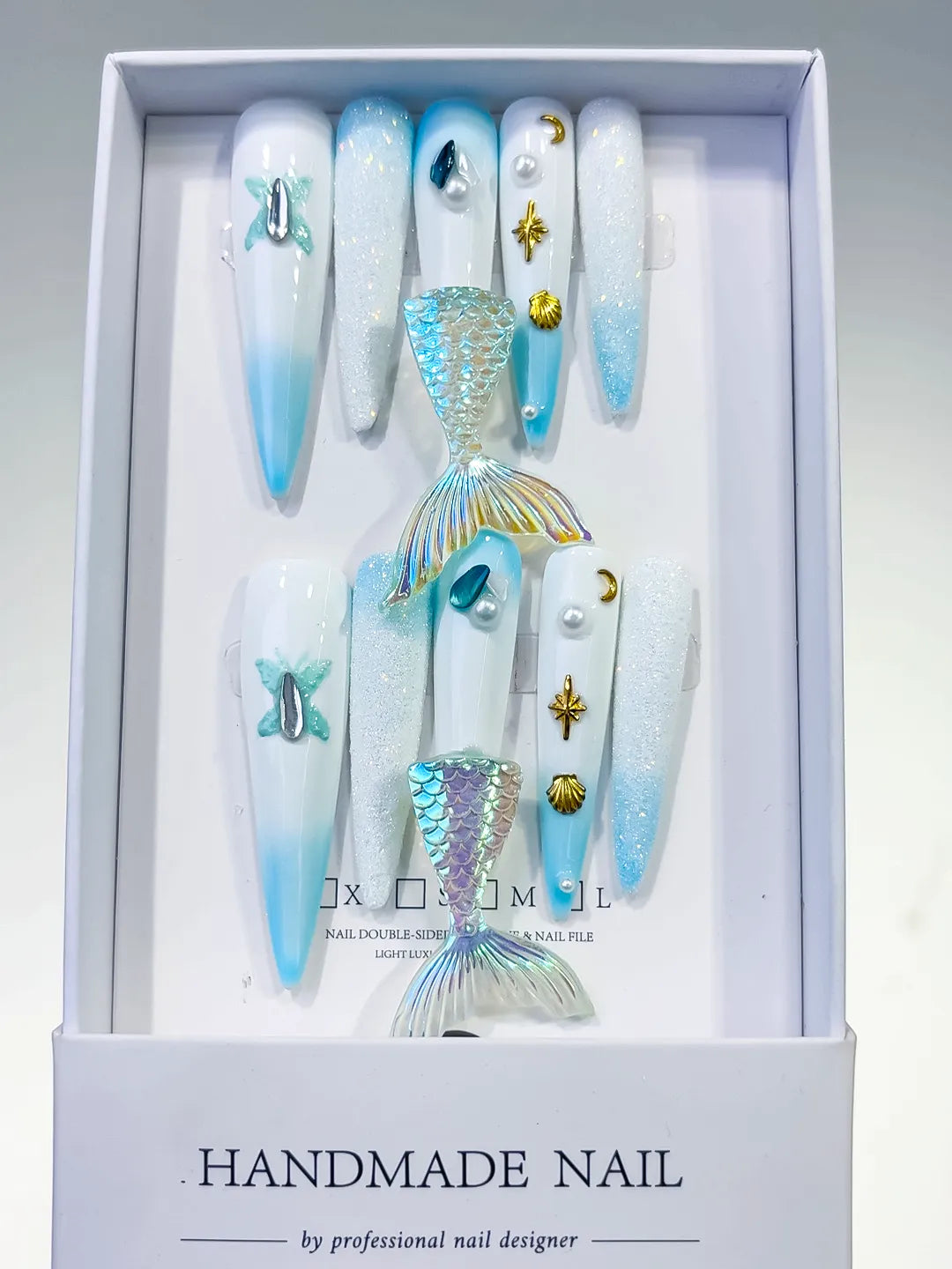 L060 - Long White Blue Stiletto Ombre Mermaid Tail Shell