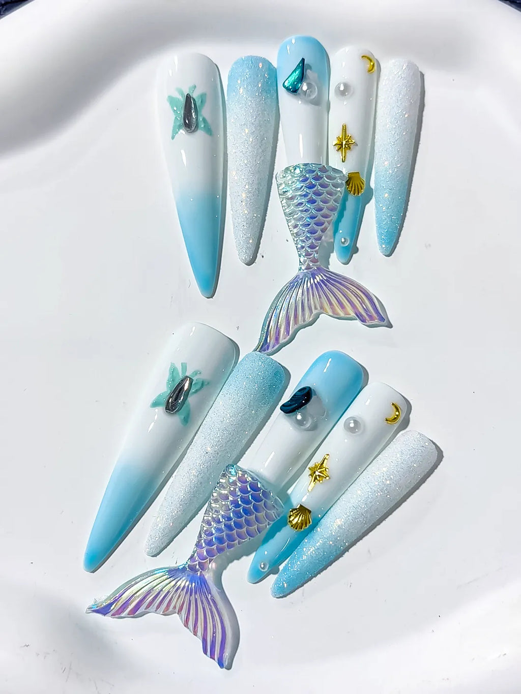 L060 - Long White Blue Stiletto Ombre Mermaid Tail Shell