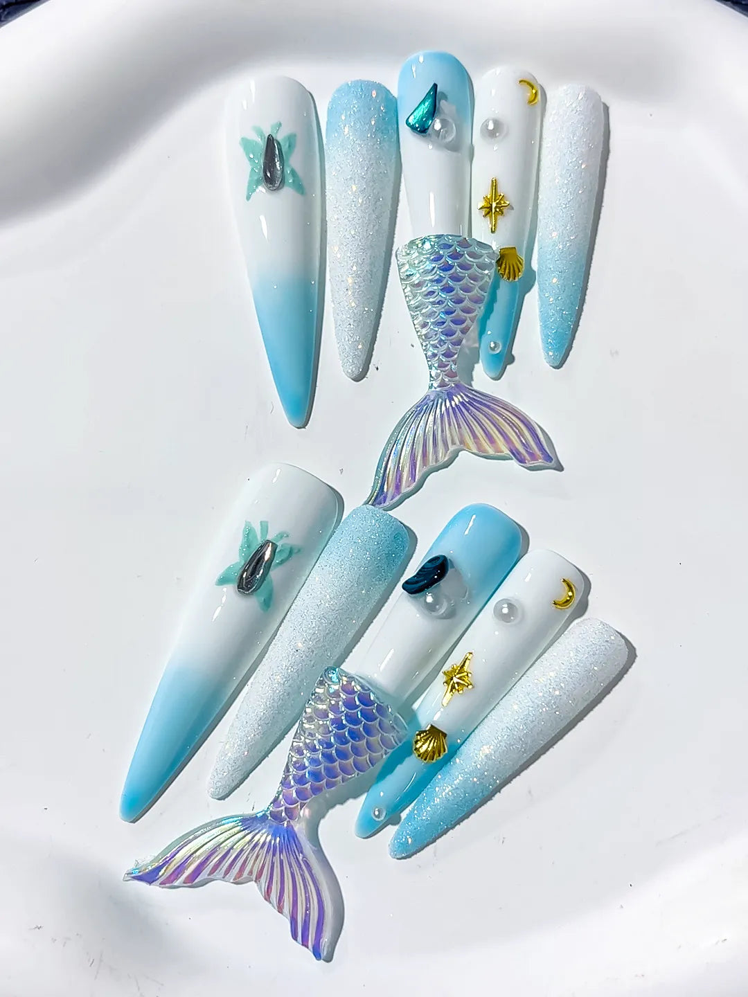 L060 - Long White Blue Stiletto Ombre Mermaid Tail Shell