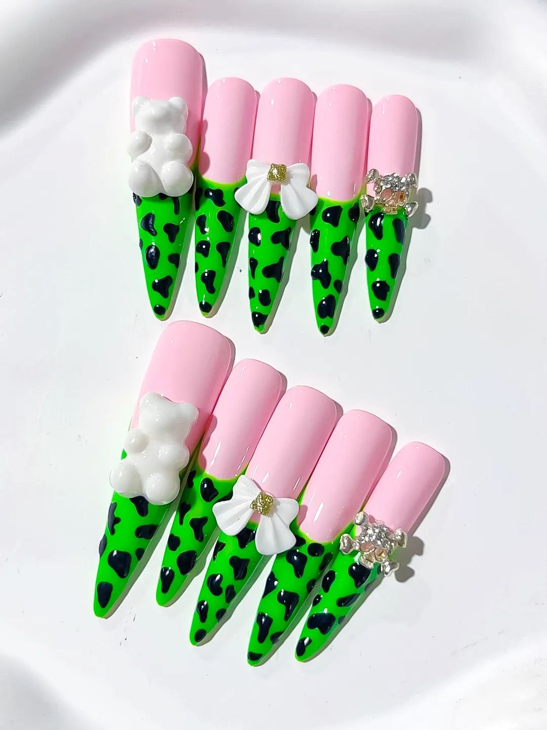 L061 - Long Pink Green Stiletto French tip Flower