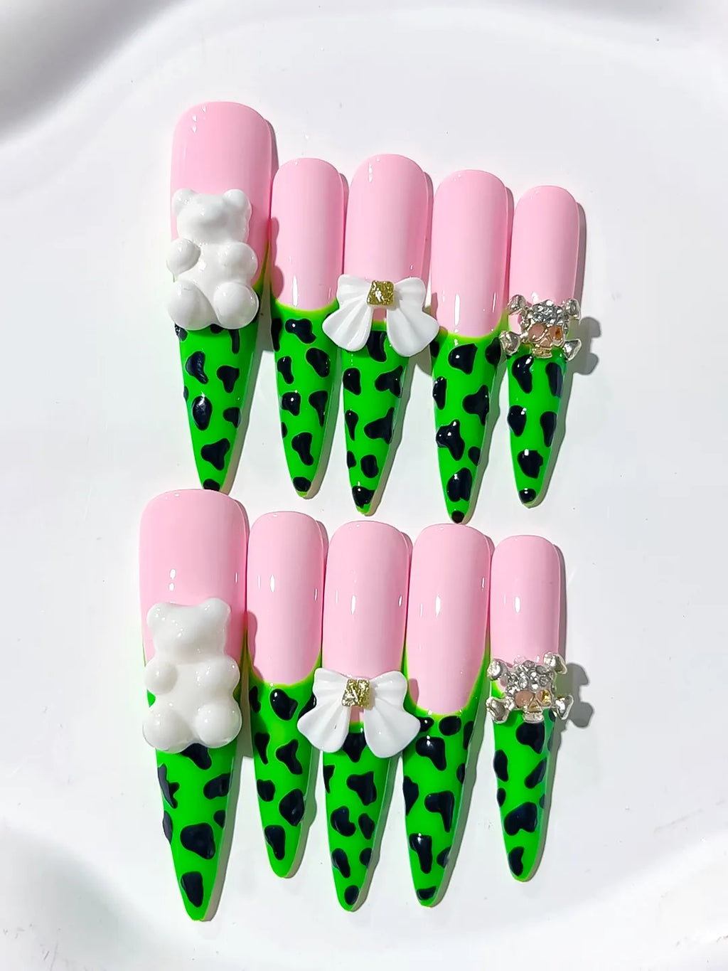 L061 - Long Pink Green Stiletto French tip Flower