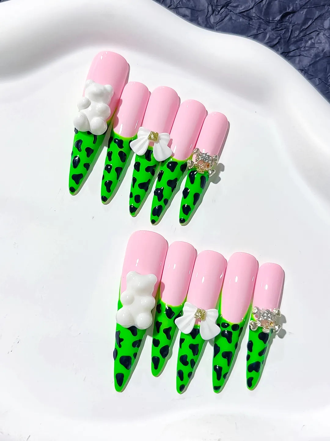 L061 - Long Pink Green Stiletto French tip Flower