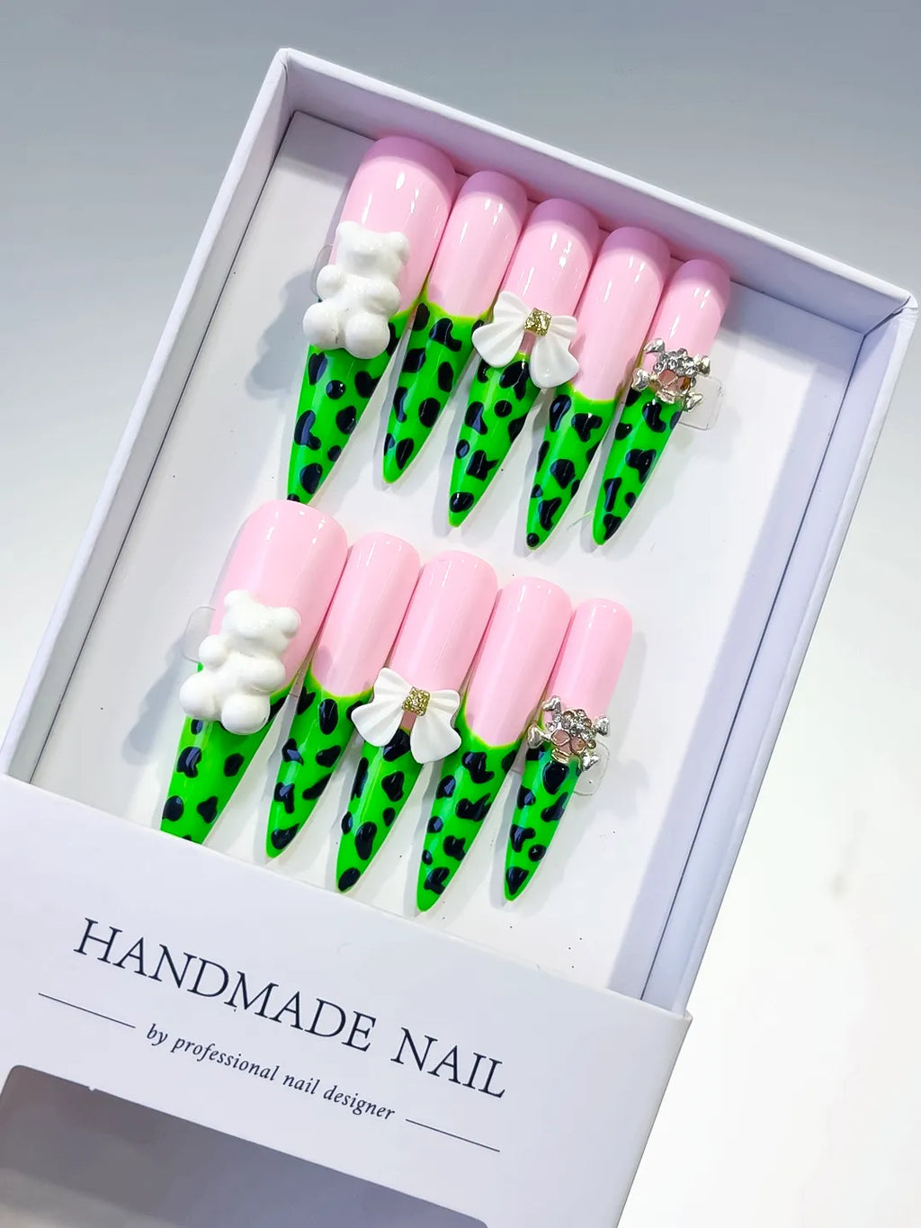 L061 - Long Pink Green Stiletto French tip Flower