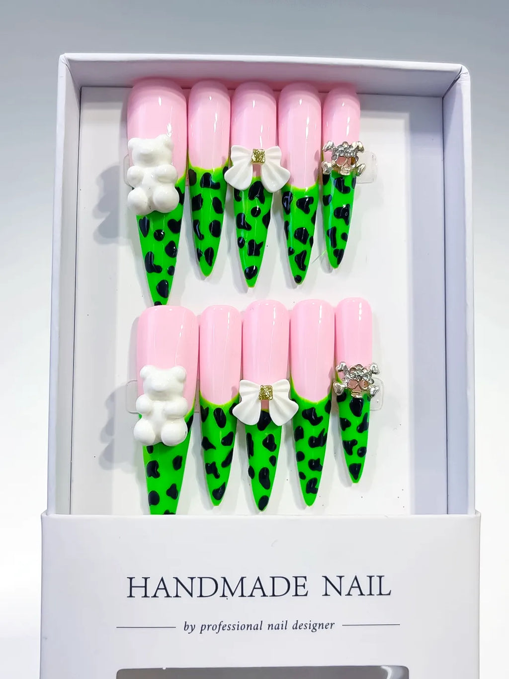 L061 - Long Pink Green Stiletto French tip Flower