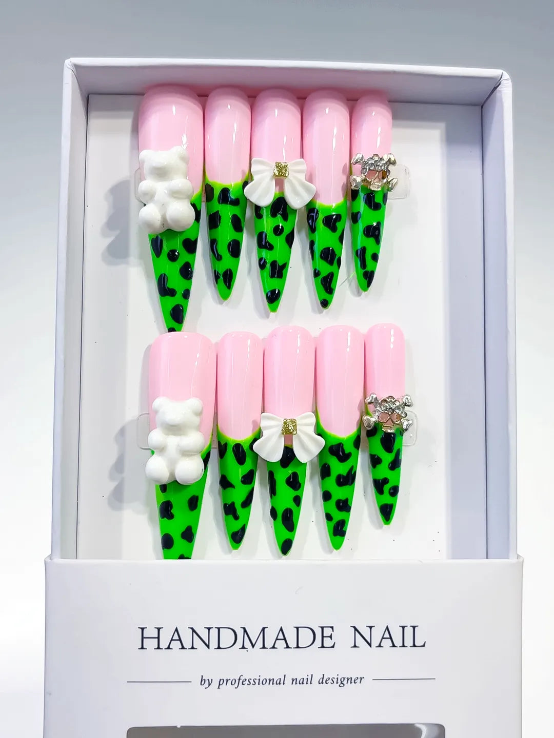 L061 - Long Pink Green Stiletto French tip Flower