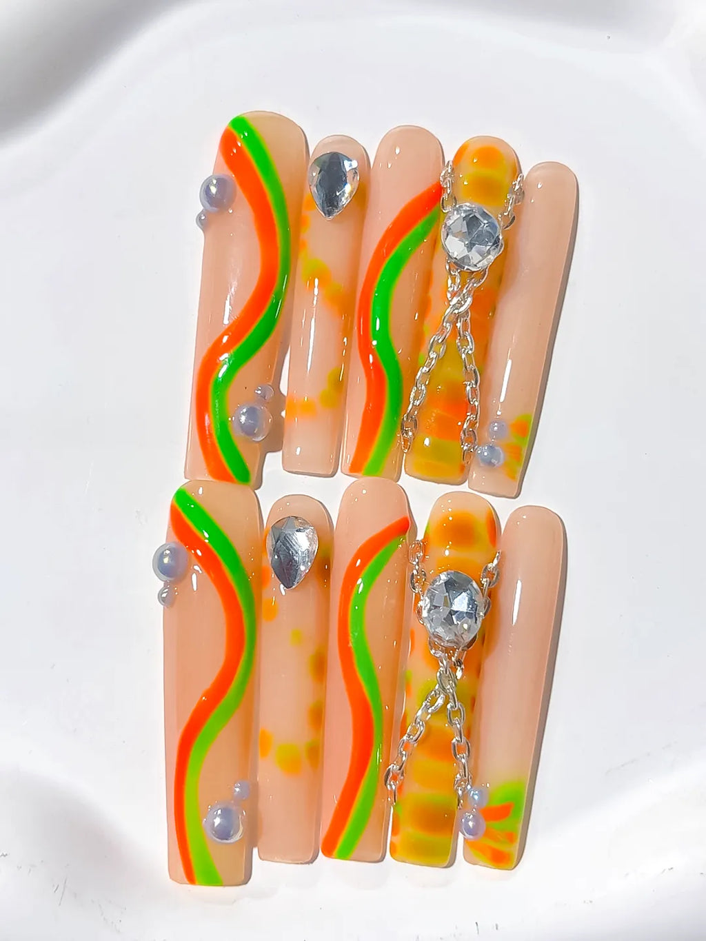 L062 - Long Nude Orange Square Abstract Chain Rhinestone