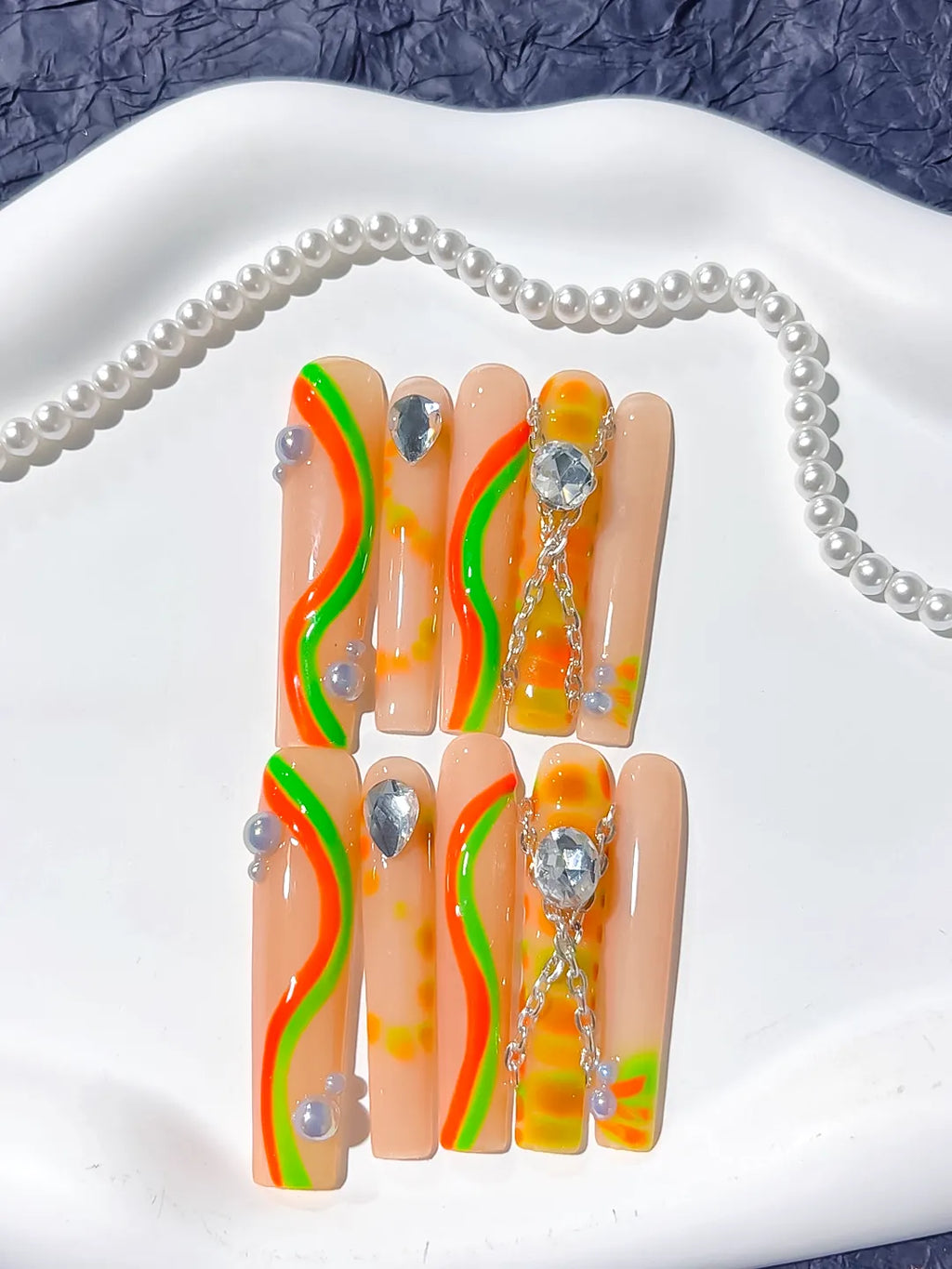 L062 - Long Nude Orange Square Abstract Chain Rhinestone