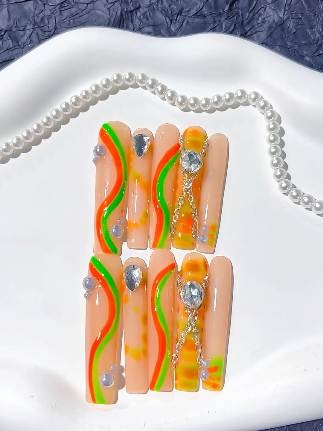 L062 - Long Nude Orange Square Abstract Chain Rhinestone