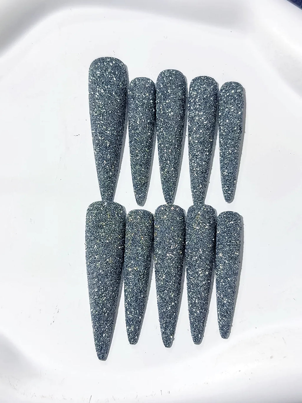 L063 - Long Black Silver Stiletto Glitter