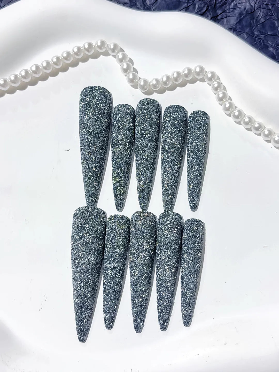 L063 - Long Black Silver Stiletto Glitter