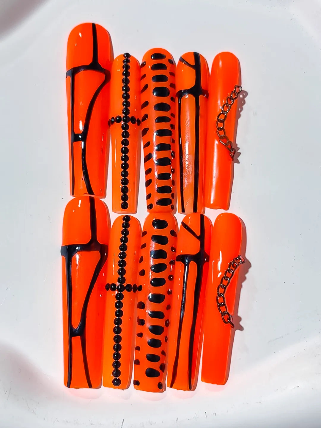 L064 - Long Orange Black Square Abstract Chain Stud