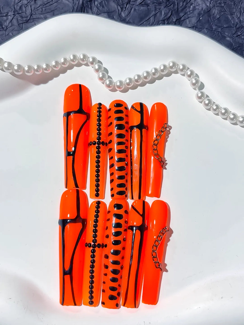 L064 - Long Orange Black Square Abstract Chain Stud
