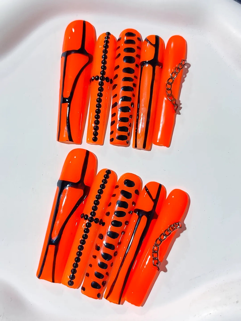 L064 - Long Orange Black Square Abstract Chain Stud