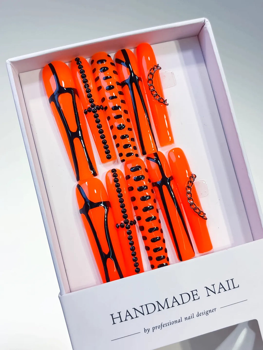 L064 - Long Orange Black Square Abstract Chain Stud