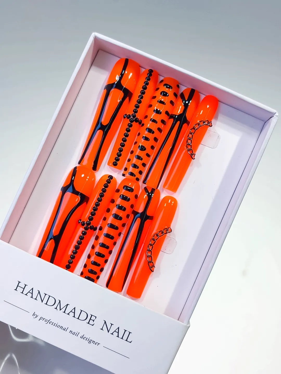 L064 - Long Orange Black Square Abstract Chain Stud