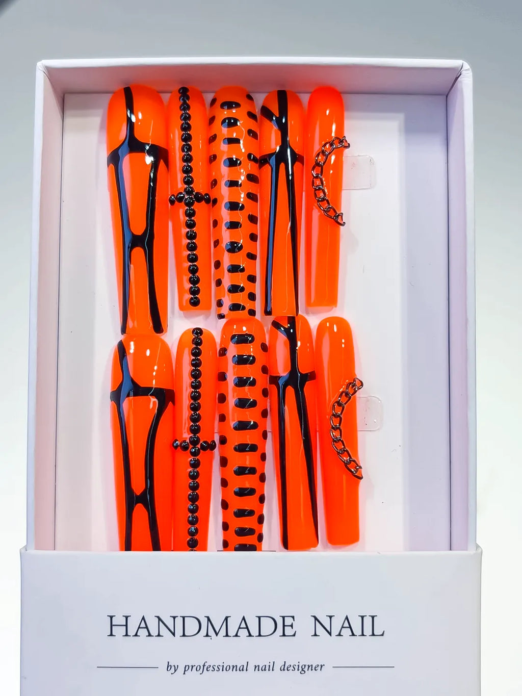 L064 - Long Orange Black Square Abstract Chain Stud