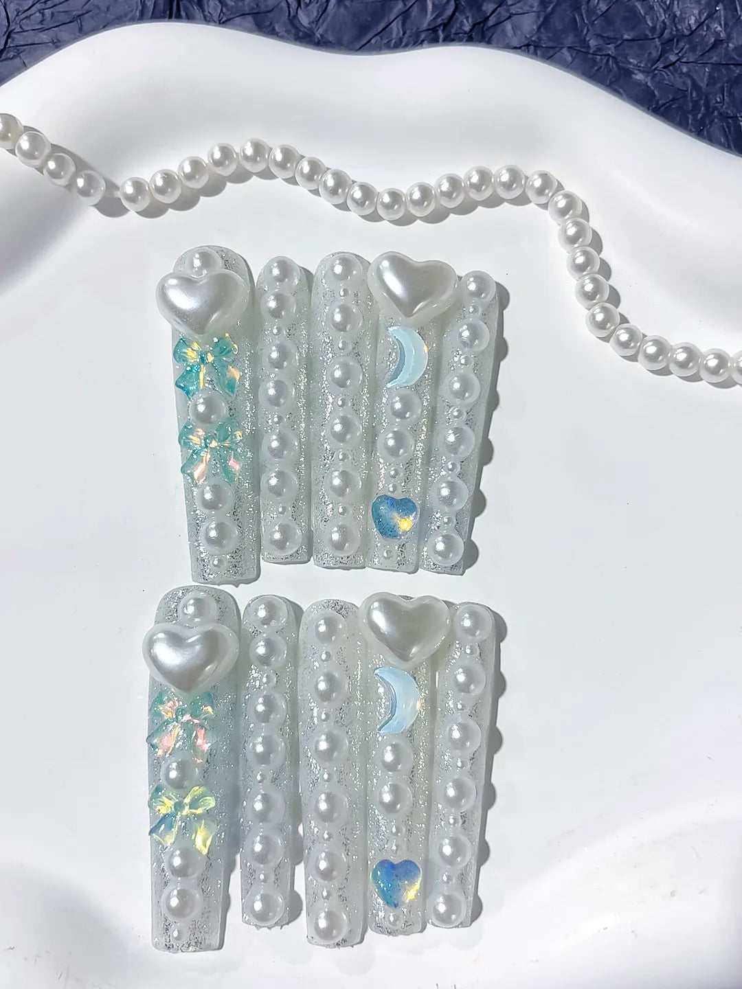 L065 - Long White Multicolor Square Holographic Heart Rhinestone
