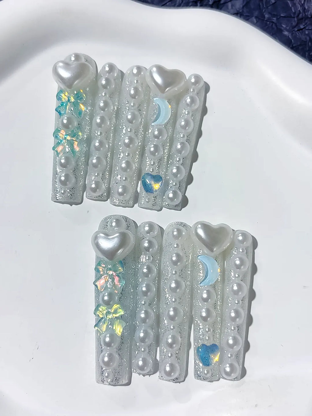 L065 - Long White Multicolor Square Holographic Heart Rhinestone