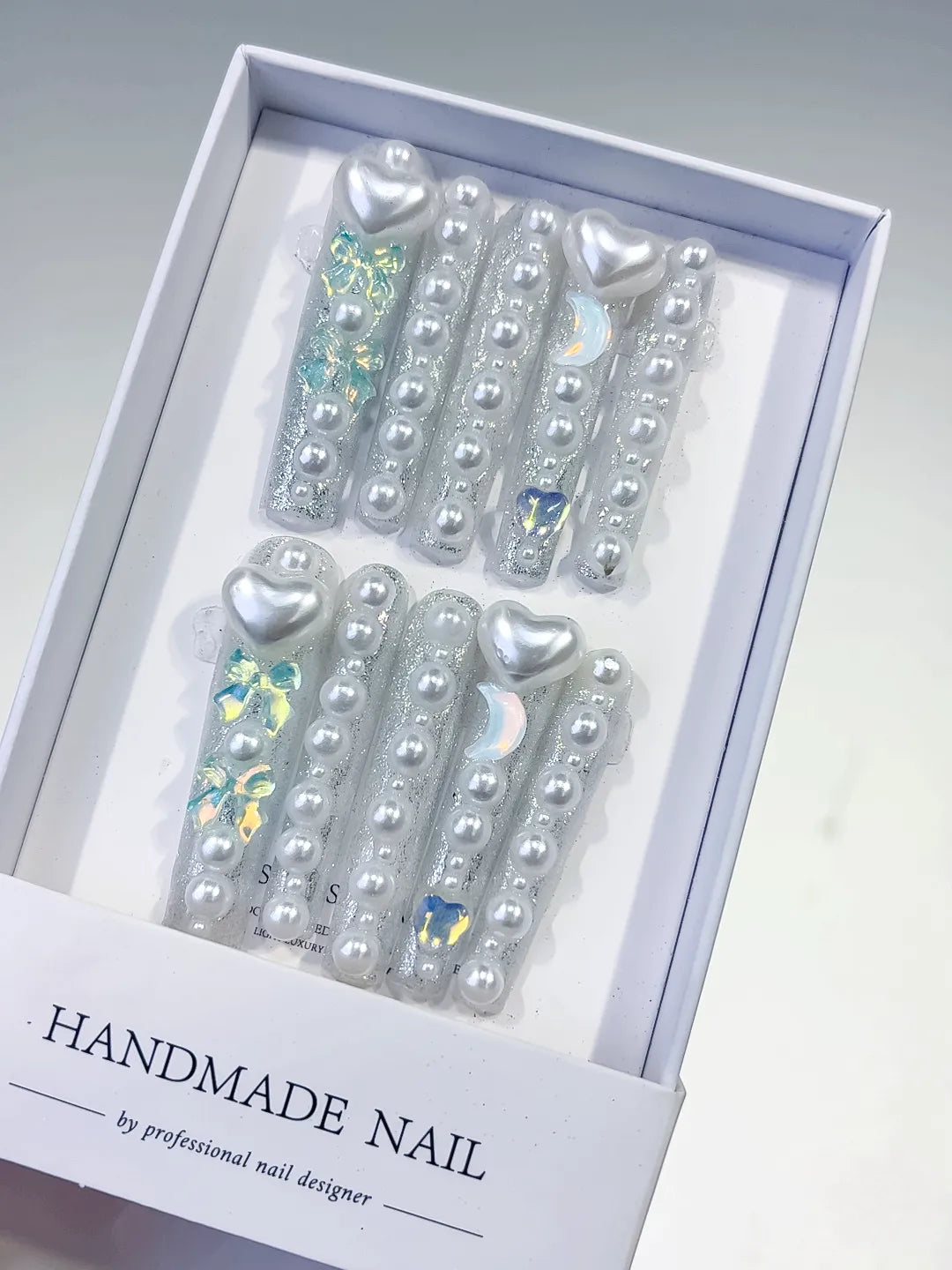 L065 - Long White Multicolor Square Holographic Heart Rhinestone